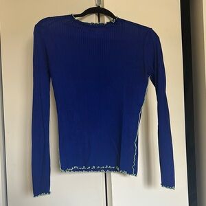 Paloma Wool Blue Long Sleeve Lettuce Hem Ribbed Sheer Mock Neck Top S